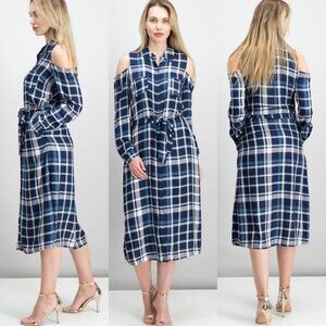NWT Maison Jules Plaid Cold-Shoulder Midi‎ Dress Blue Size Small New With Tags S